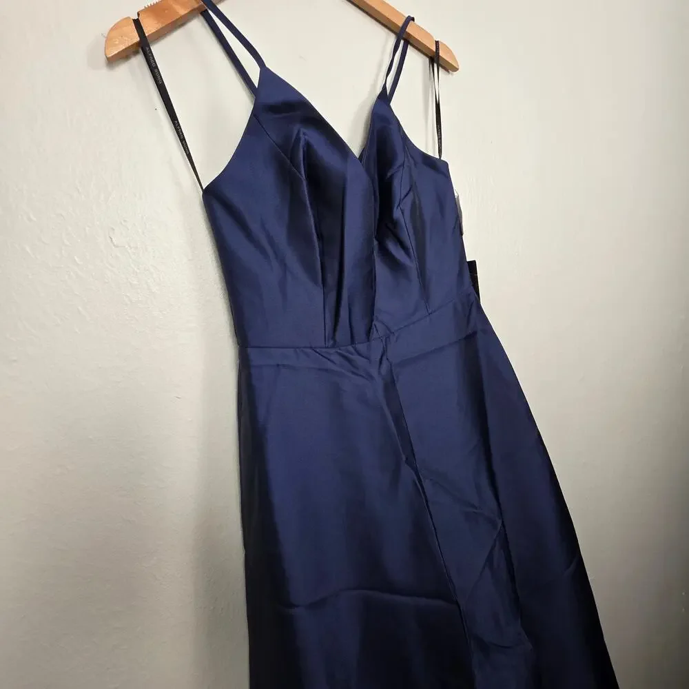 NWT Alfred Sung D750 V-Neck Full Skirt Satin Maxi Dress Midnight Blue 8 - Picture 8 of 10